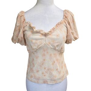 Ransom Peach Floral Mesh Puff Sleeve Ruffle Top Medium Fairycore Romantic Soft